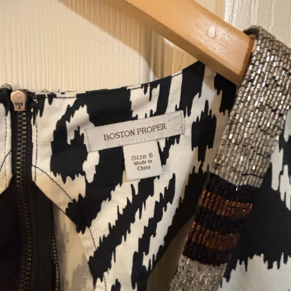 Boston Proper Black White Ikat Print Beaded Shift beach wedding guest graduation - Picture 3 of 8